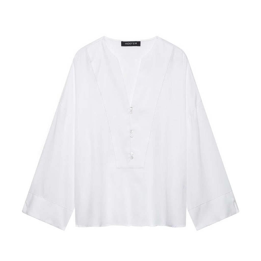Single breasted deep V-neck linen long sleeved shirt for women
