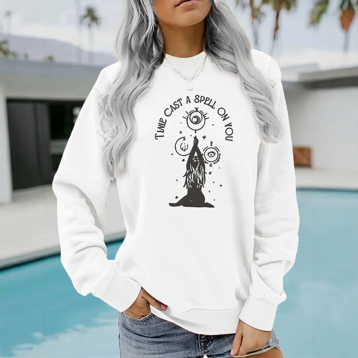 Mysterious witchcraft printed long sleeved round neck shirt