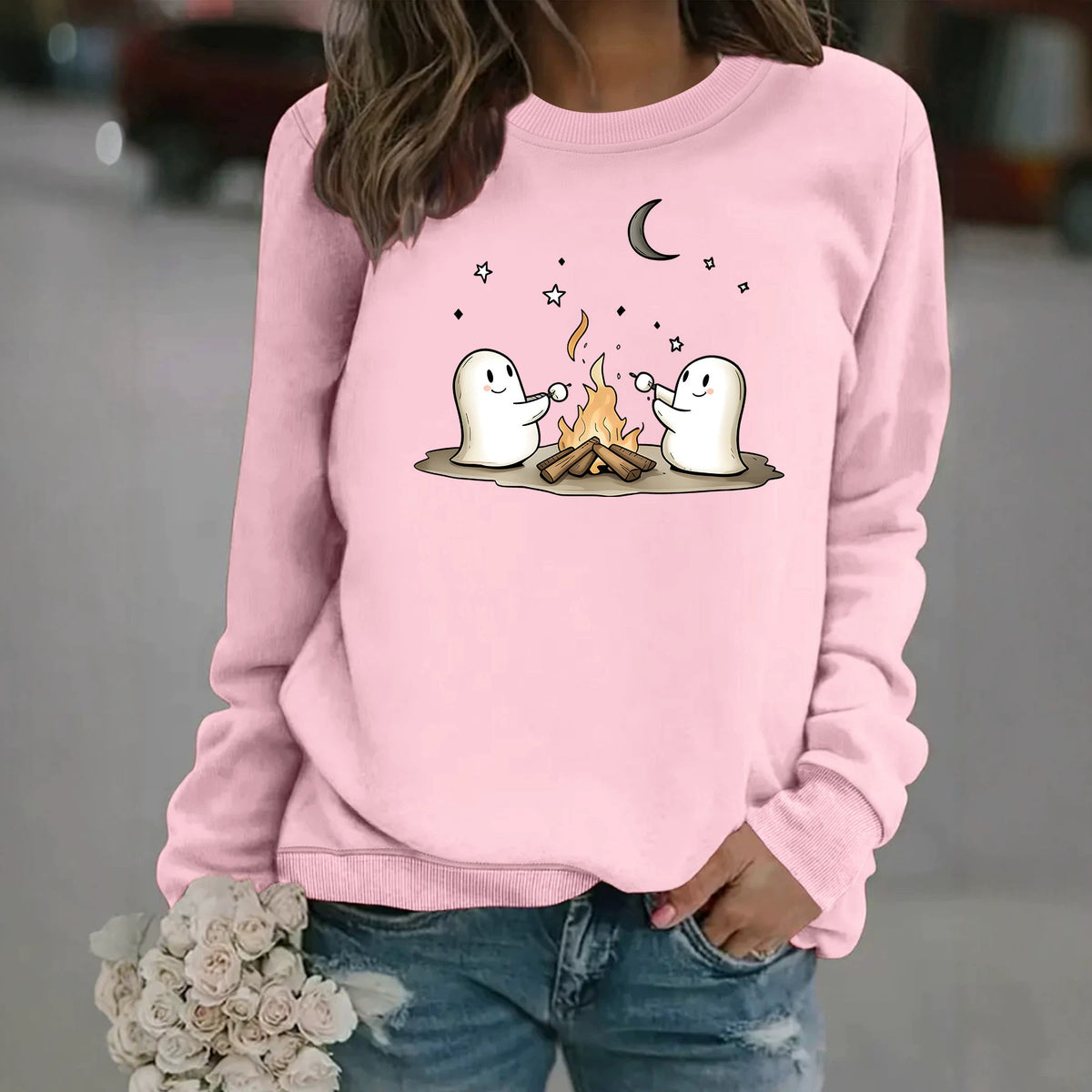 Printed round neck fleece hoodie