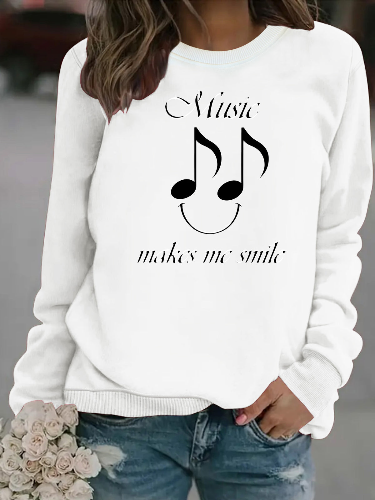 Printed round neck fleece hoodie for women