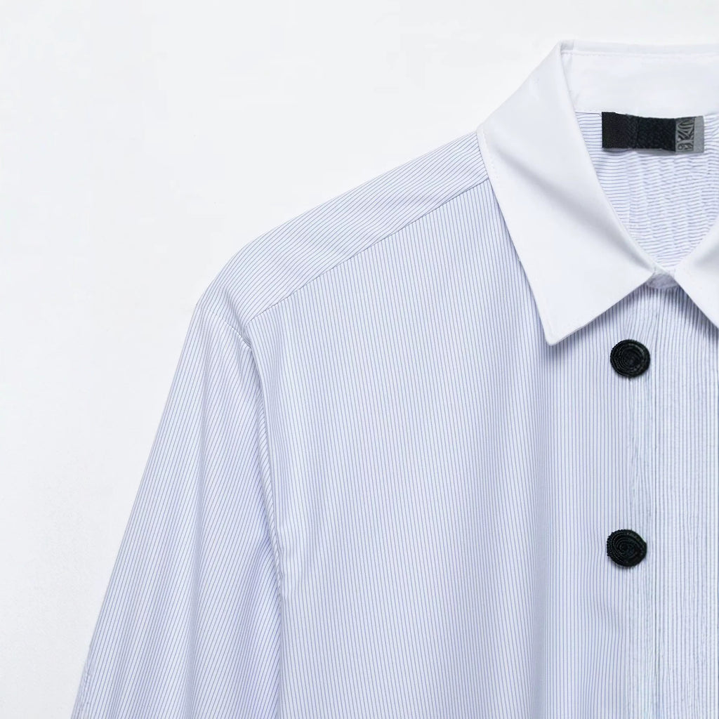Color blocked knot buckle long sleeved lapel shirt for women