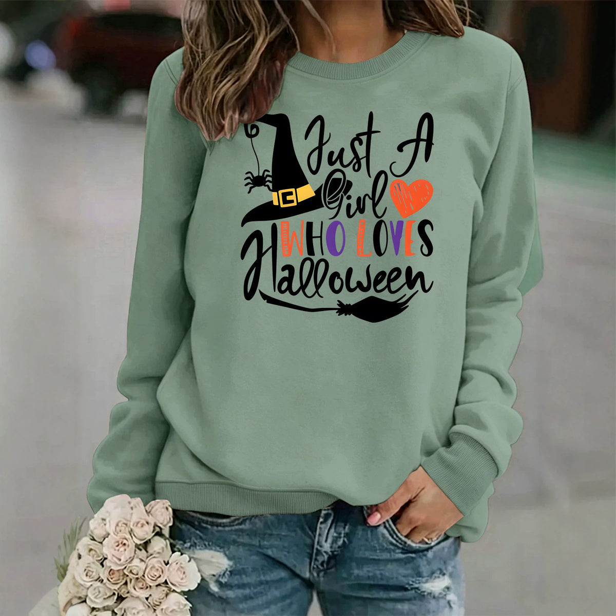 Pattern printed round neck fleece hoodie for women