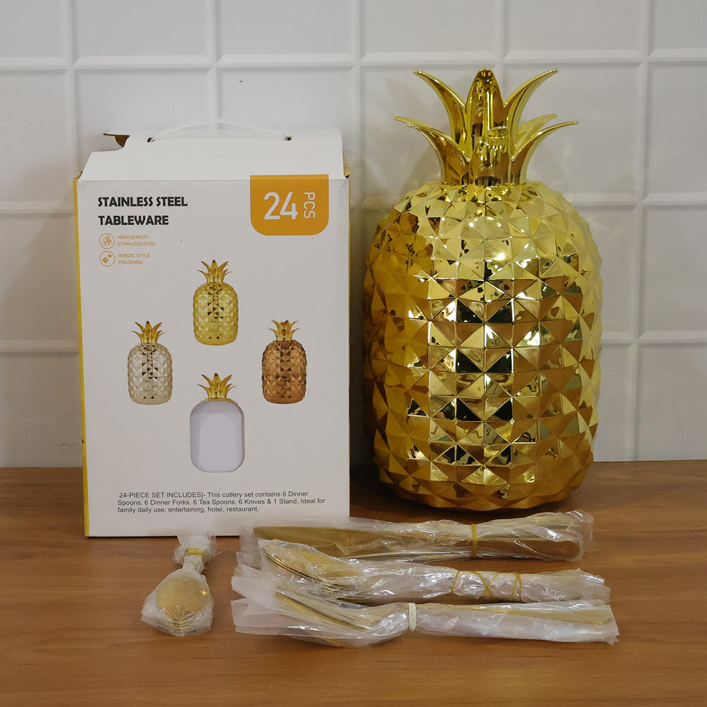 Stainless Steel Golden Cutlery Set With Pineapple Storage Stand (24 Pc Set)