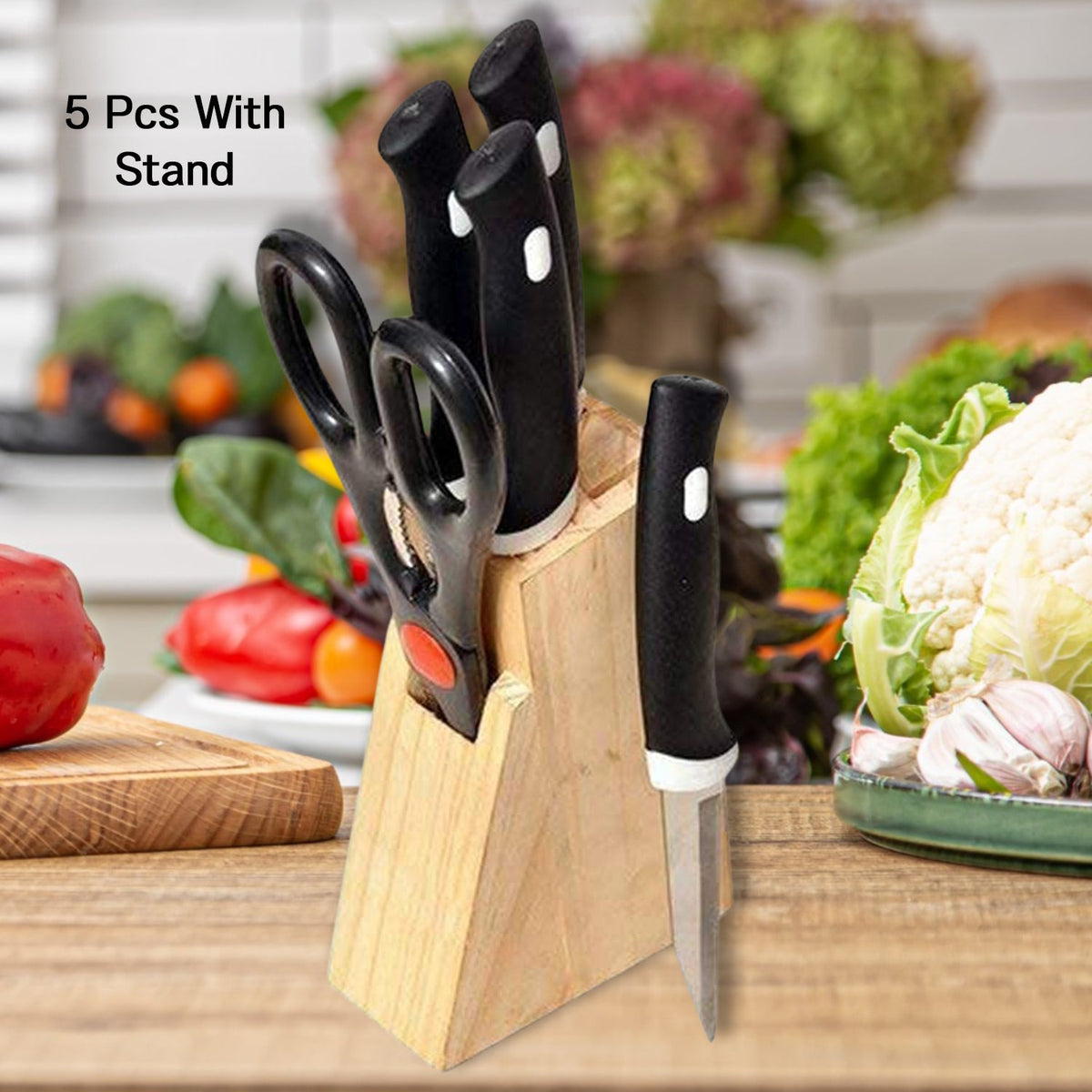 Kitchen Knife Set With Wooden Block And Scissors 5 Pcs
