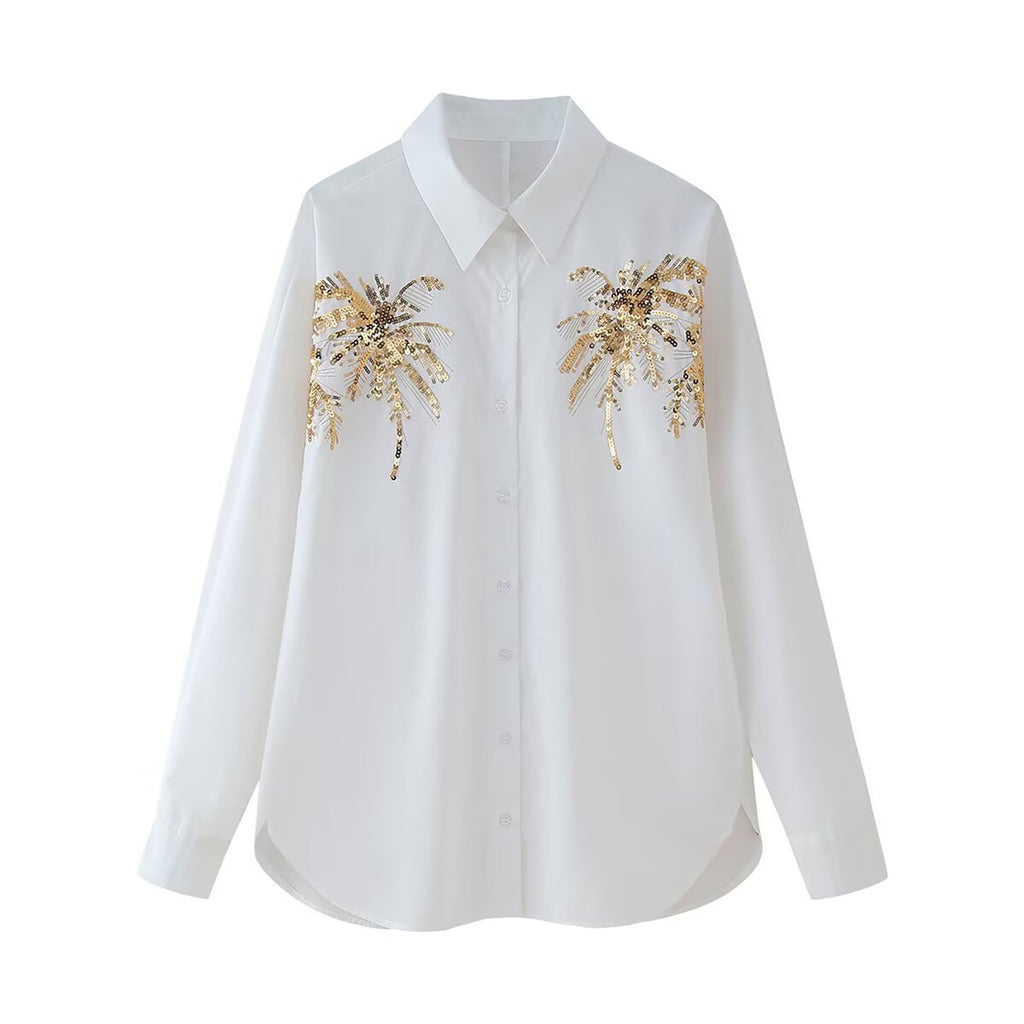 Bead embroidered long sleeved lapel shirt
