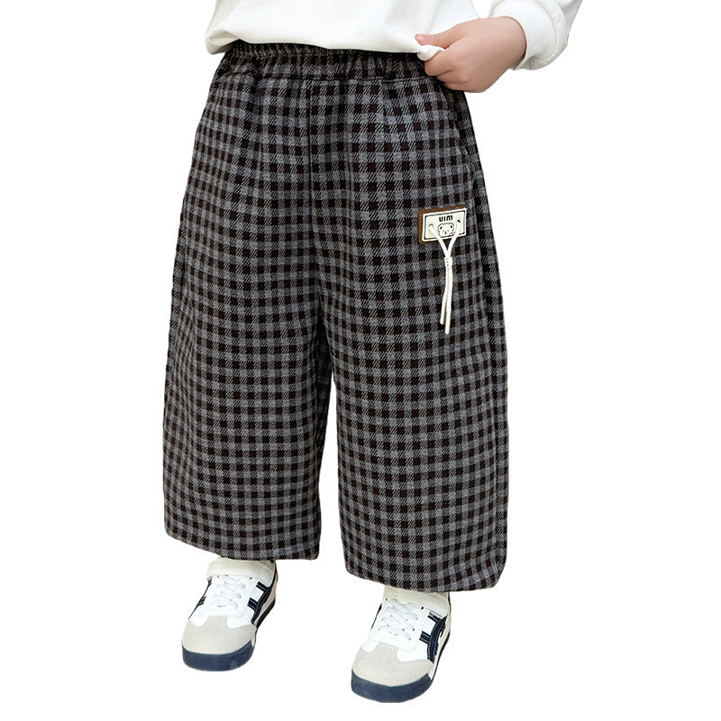 Boys Plaid Casual Tapered Long Pants Spring Autumn Checkered Trousers