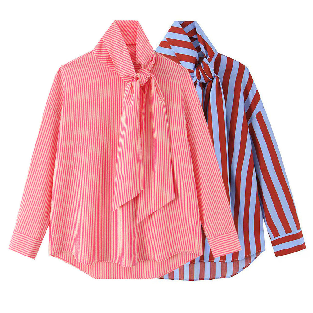 Versatile loose single breasted bow tie striped shirt for women