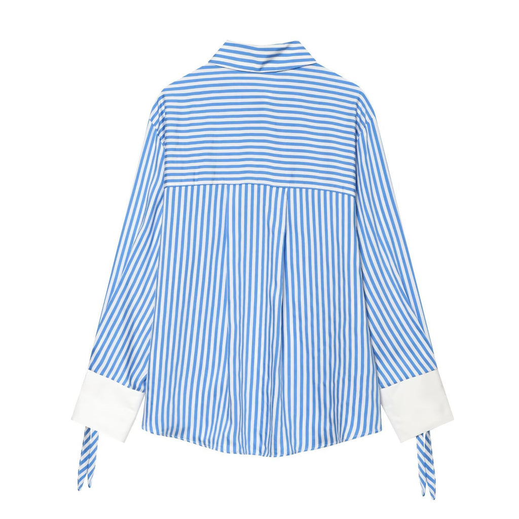 Collar cuff bow striped shirt for women