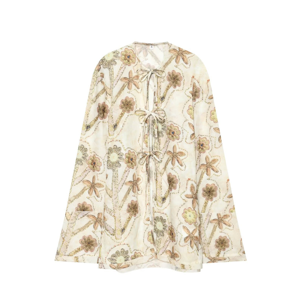 Front lace up printed long sleeved shirt top for women
