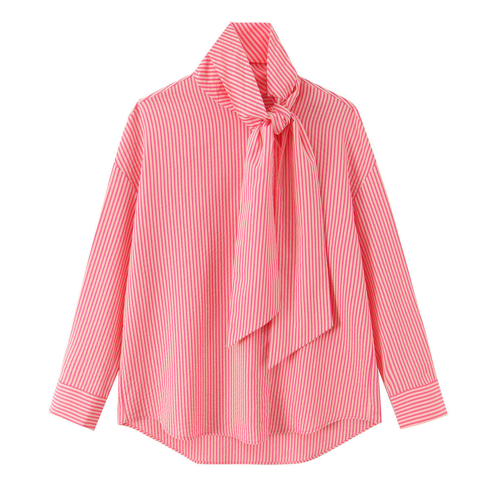 Versatile loose single breasted bow tie striped shirt for women