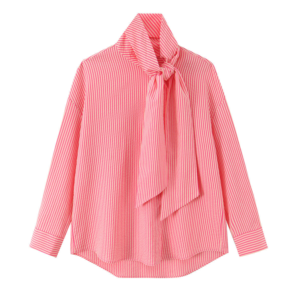 Versatile loose single breasted bow tie striped shirt for women