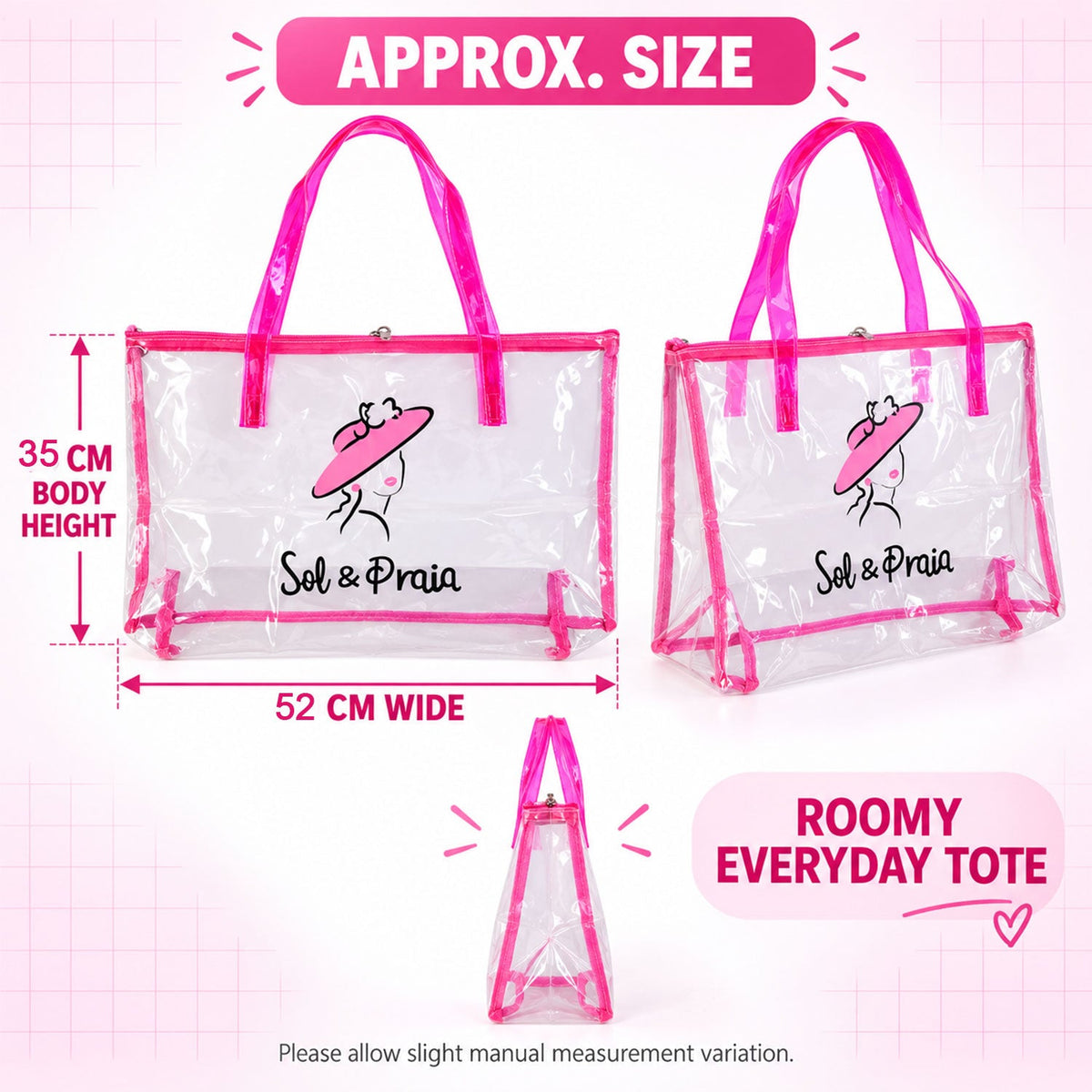 Transparent Pvc Tote Bag With Top Zipper And Handles For Travel (1 Pc 35x52 Cm)
