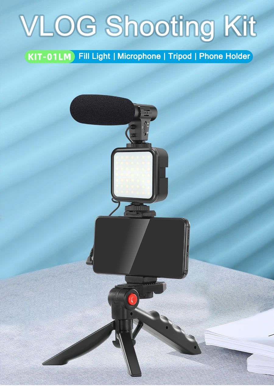 6054 vlogging kit with microphone mini tripod LED light and phone holder
