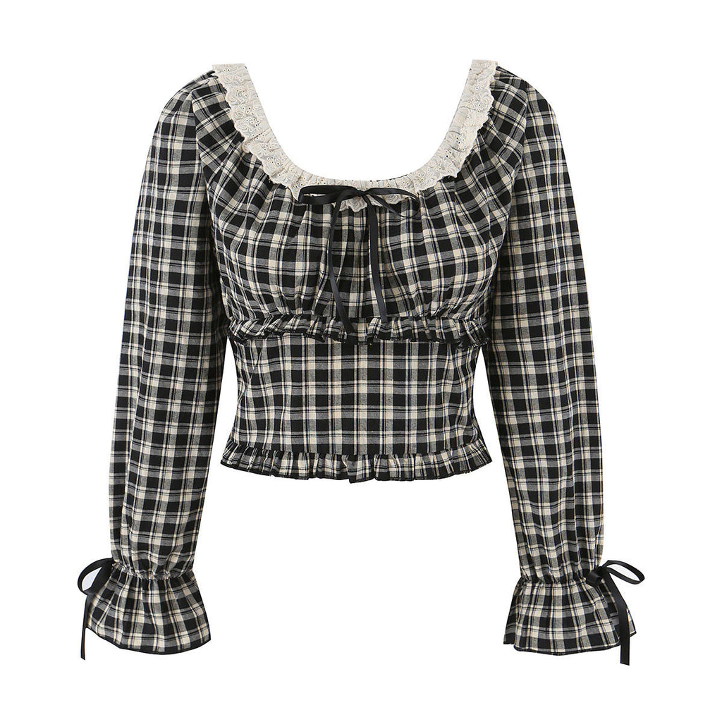 Lace up lace U-neck plaid T-shirt for women