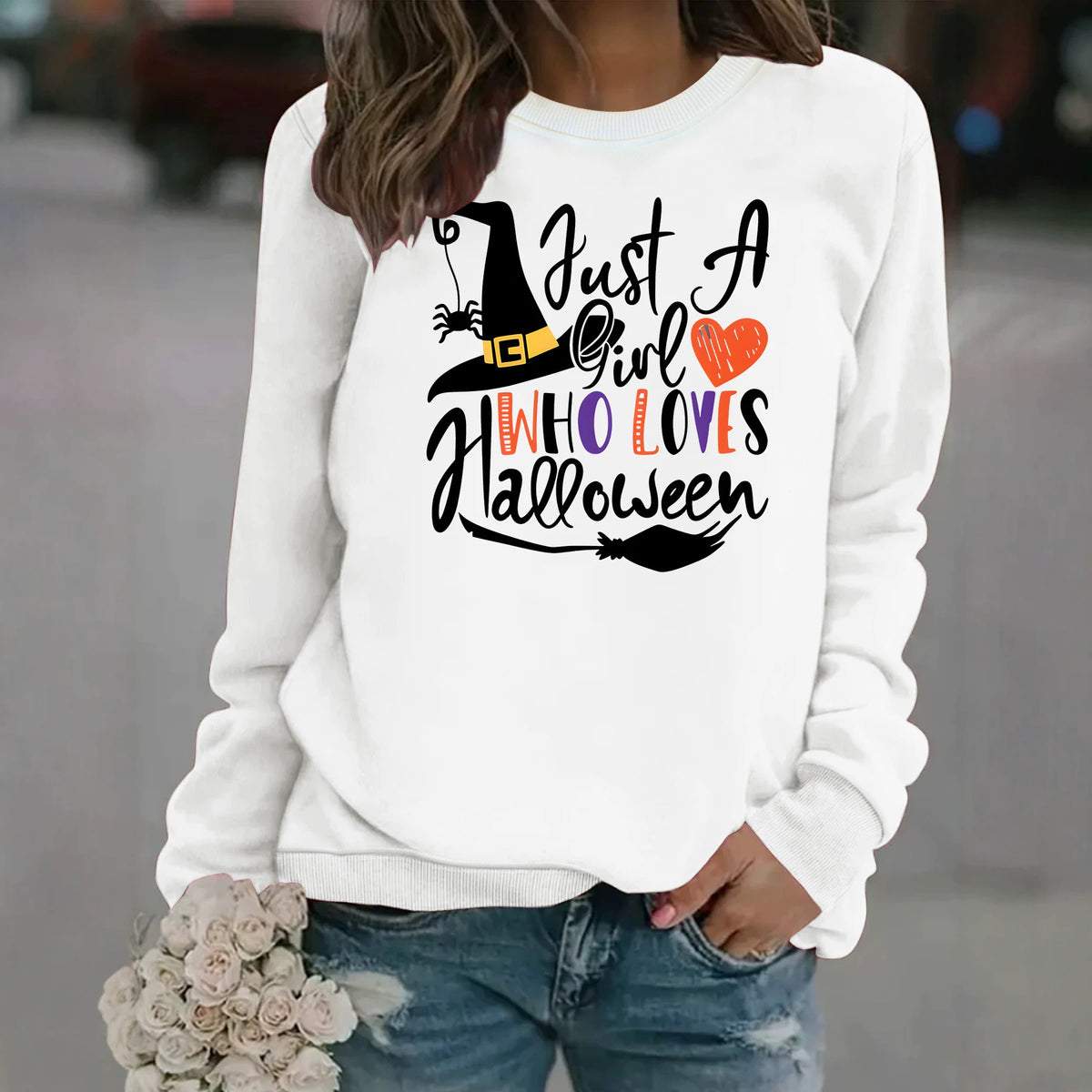 Pattern printed round neck fleece hoodie for women