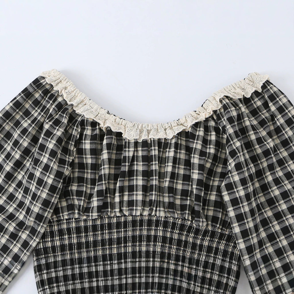 Lace up lace U-neck plaid T-shirt for women