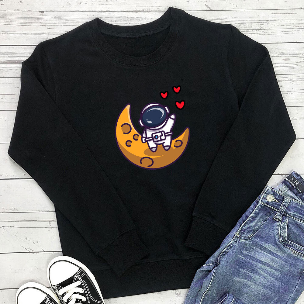 Astronaut Love Printed Round Neck Long Sleeve Hoodie