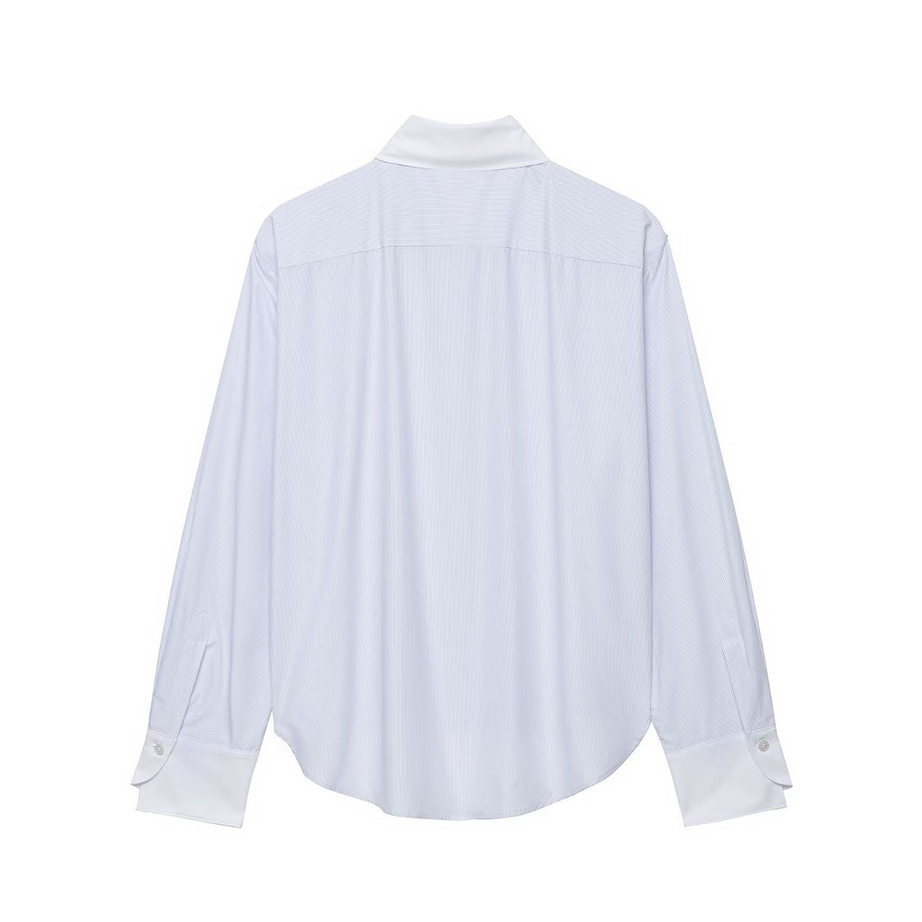Color blocked knot buckle long sleeved lapel shirt for women