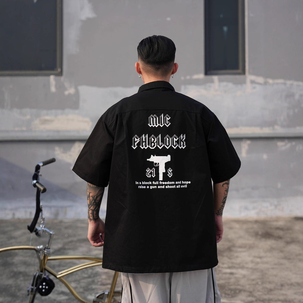 West Coast Style Loose Short Workwear Shirt with Gangsta Chicano Letter and Uzi Submachine Gun Print