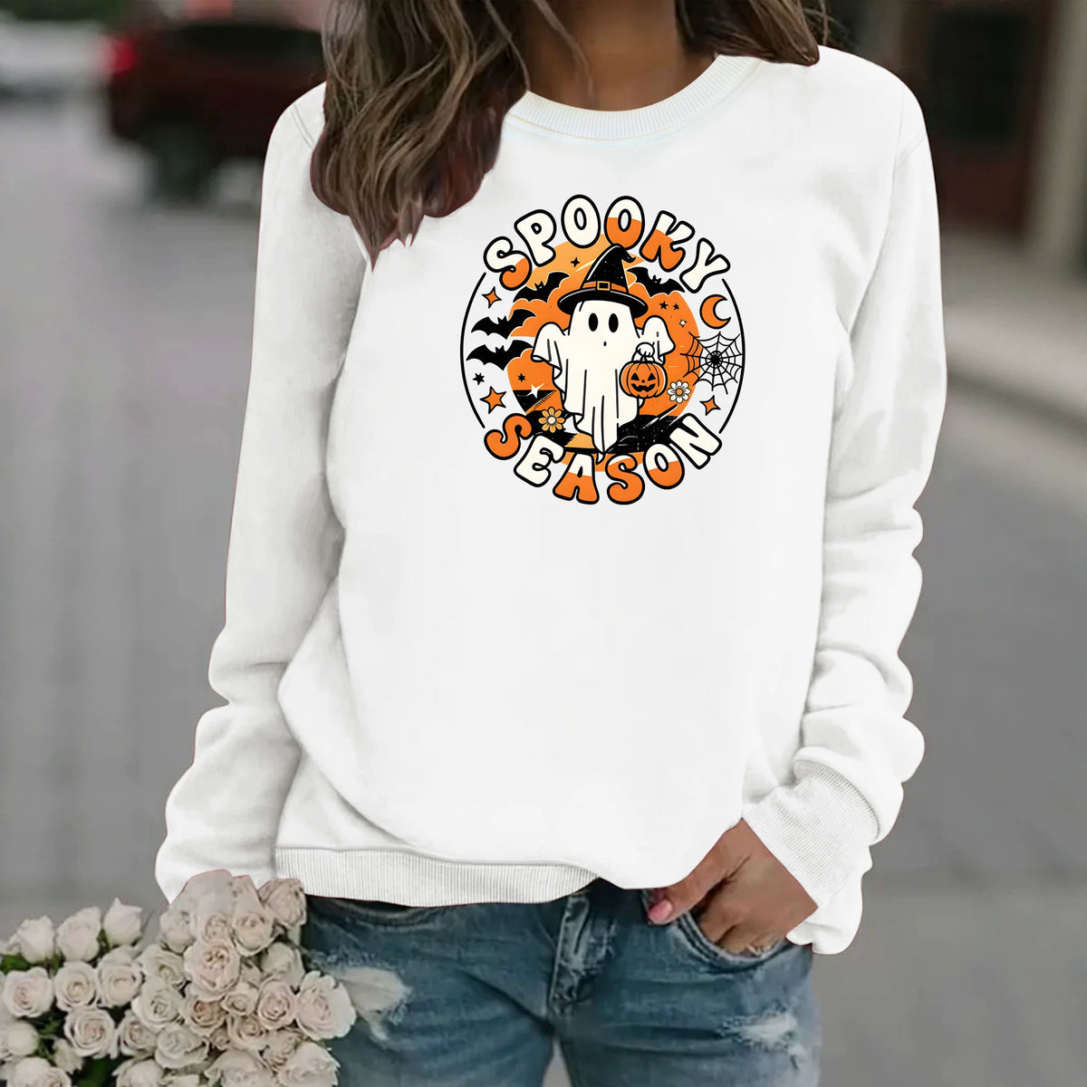 Men’s Ghost Print Round-Neck Fleece Hoodie