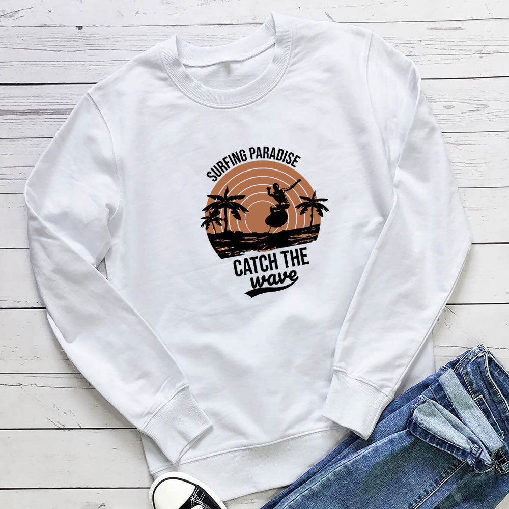 Surfing Paradise letter printed round neck hoodie