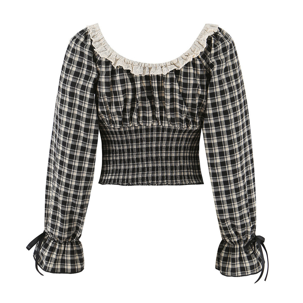 Lace up lace U-neck plaid T-shirt for women