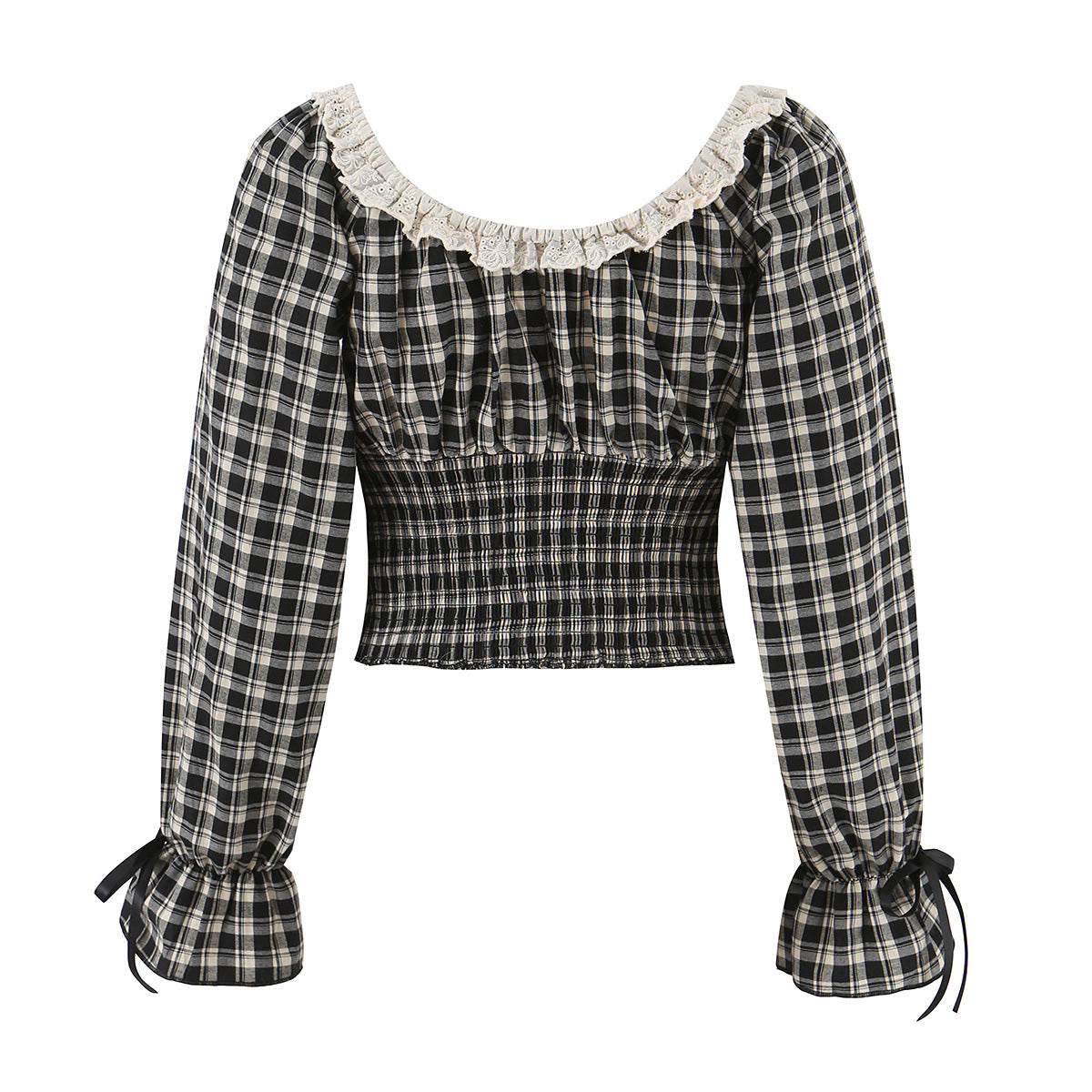 Lace up lace U-neck plaid T-shirt for women