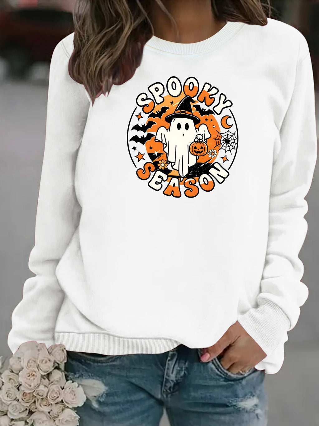 Men’s Ghost Print Round-Neck Fleece Hoodie