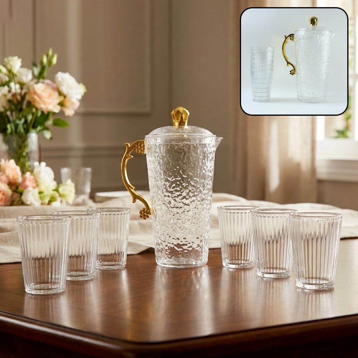 Elegant Textured Glass Water Jug With 6 Glasses Set