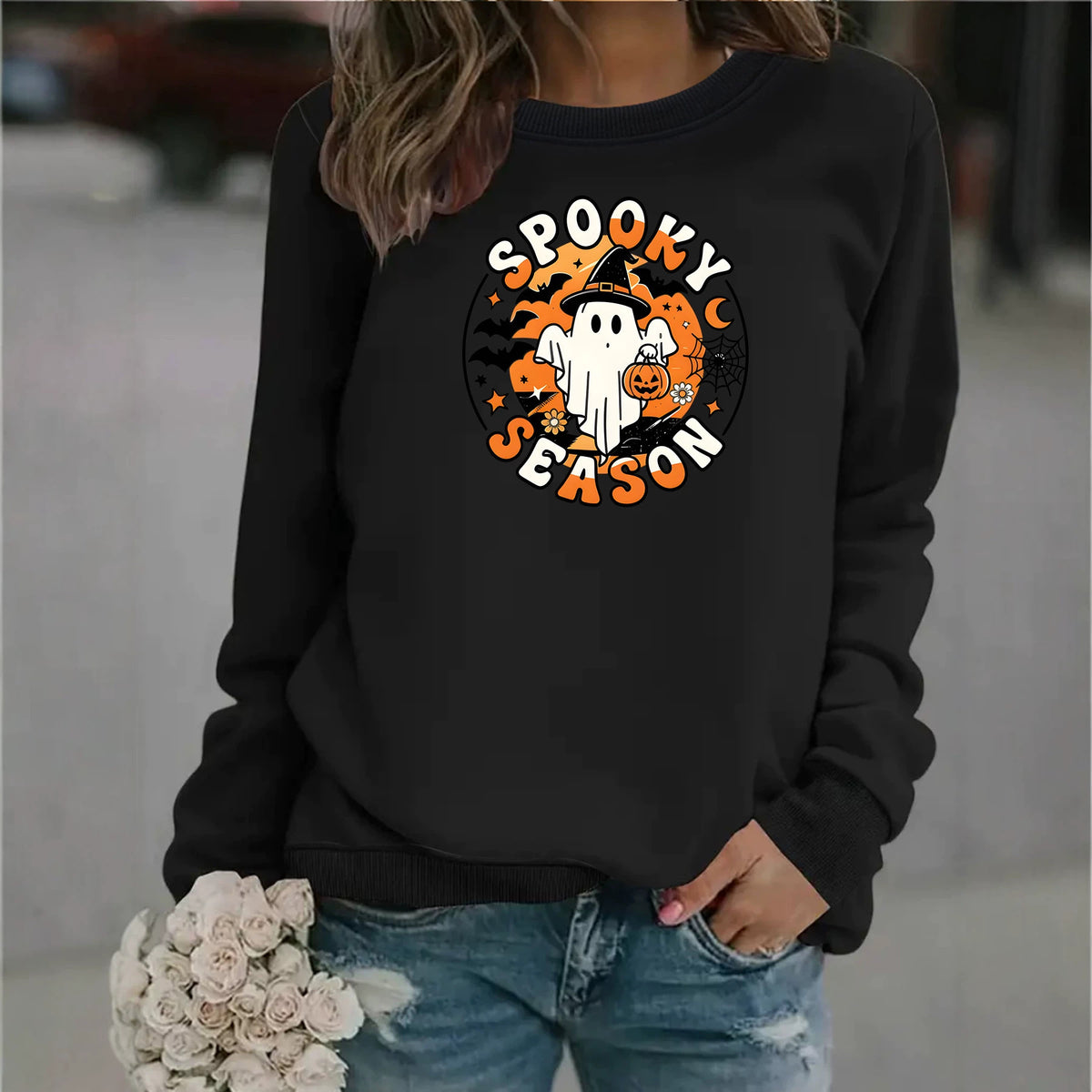 Men’s Ghost Print Round-Neck Fleece Hoodie