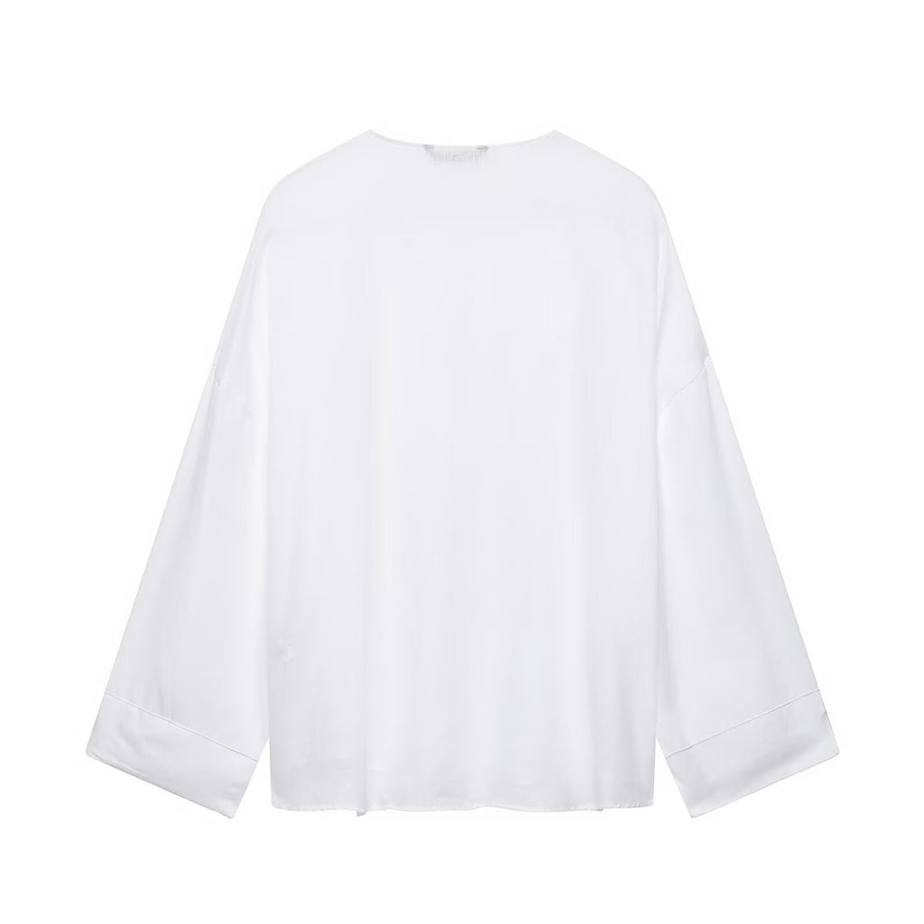 Single breasted deep V-neck linen long sleeved shirt for women