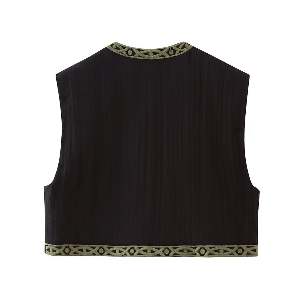 Casual and simple embroidered buttonless round neck vest for women in vest