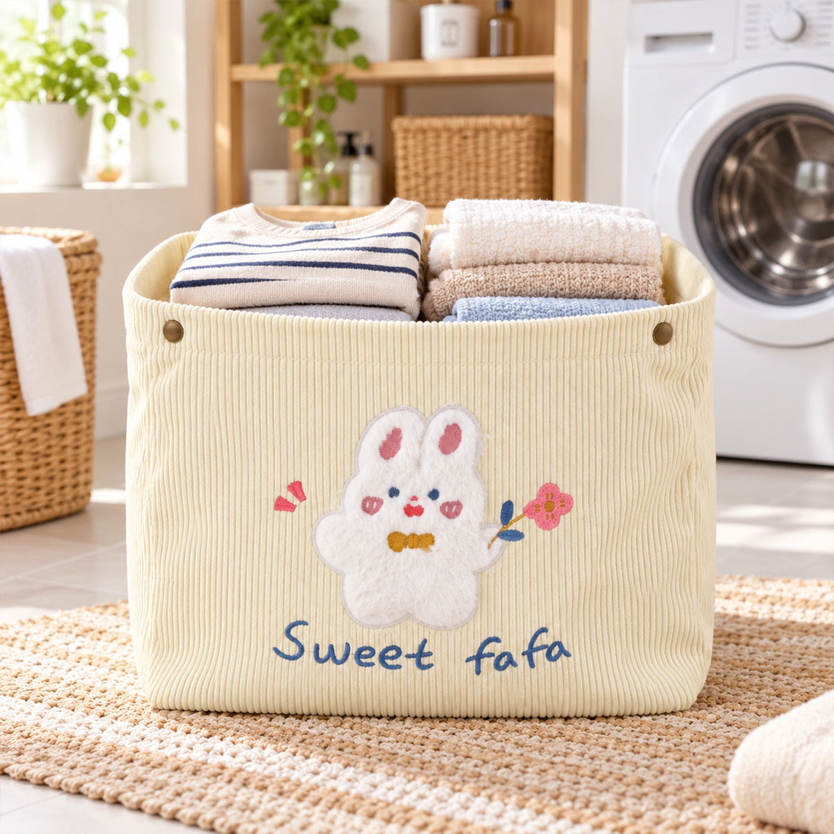 Foldable Fabric Storage Basket With Snap Closure For Toys Clothes And Home Use