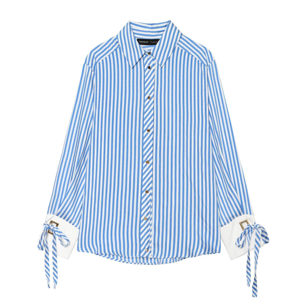 Collar cuff bow striped shirt for women