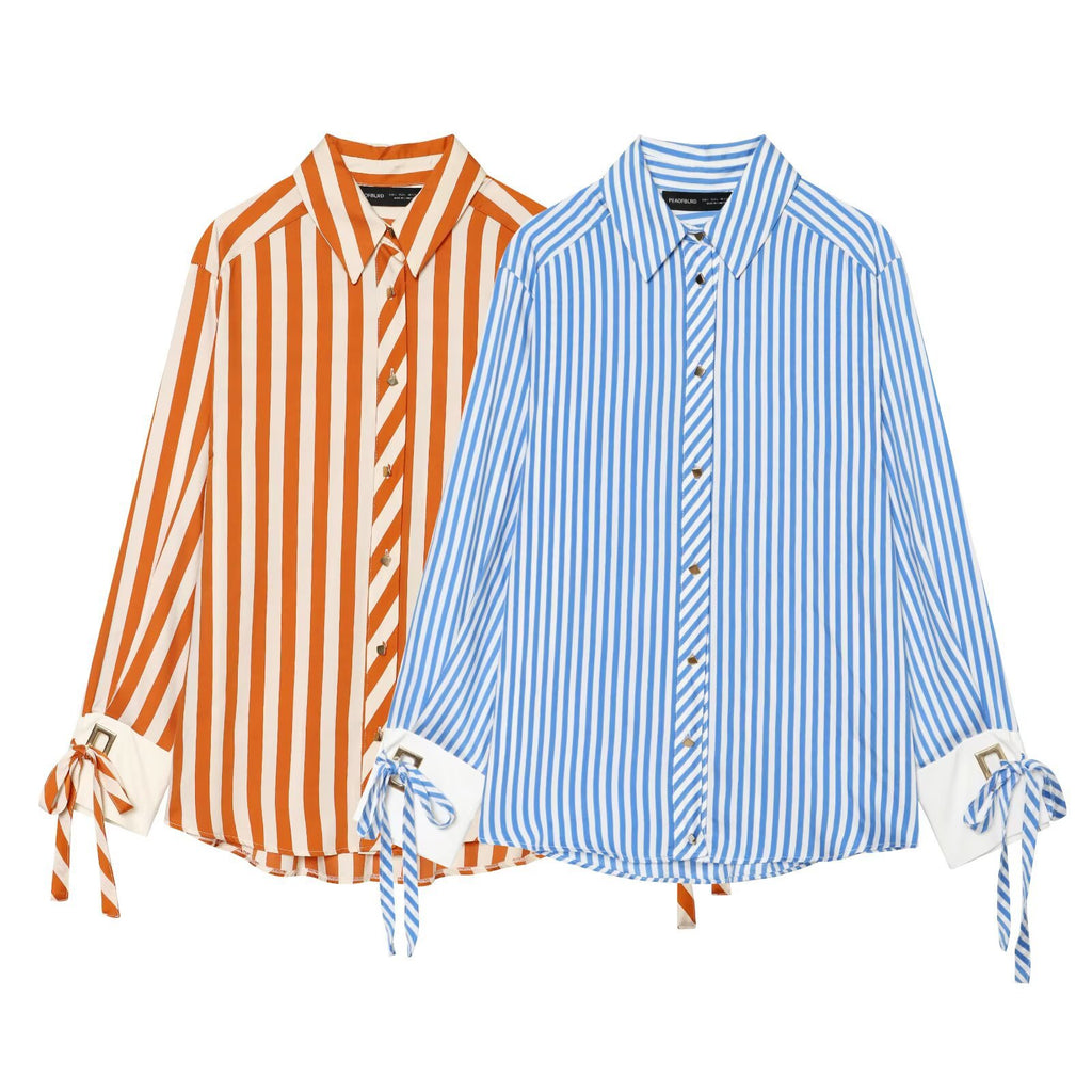 Collar cuff bow striped shirt for women
