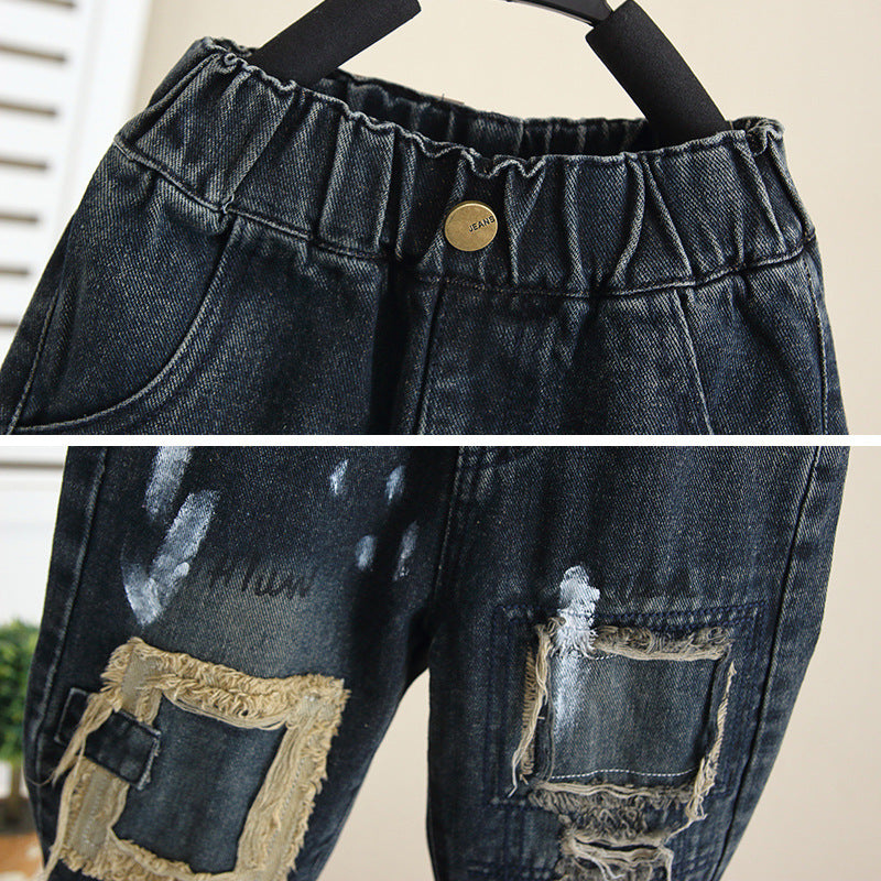 Boys Spring Autumn Casual Distressed Denim Jeans Kids Pants