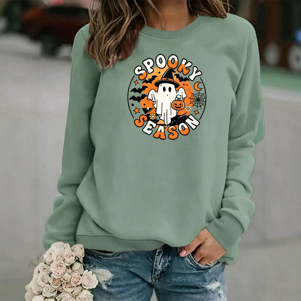 Men’s Ghost Print Round-Neck Fleece Hoodie