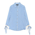 Collar cuff bow striped shirt for women