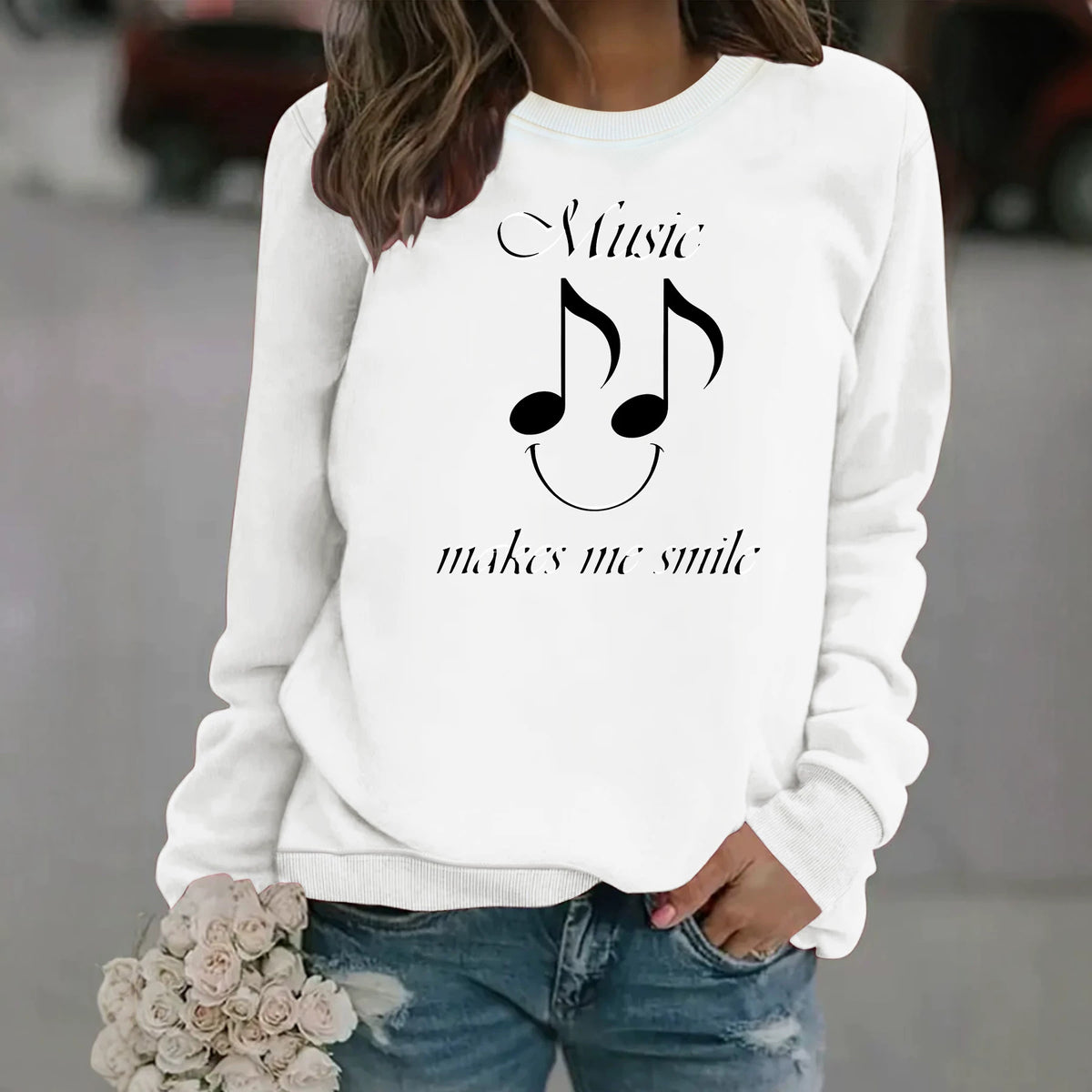 Printed round neck fleece hoodie for women