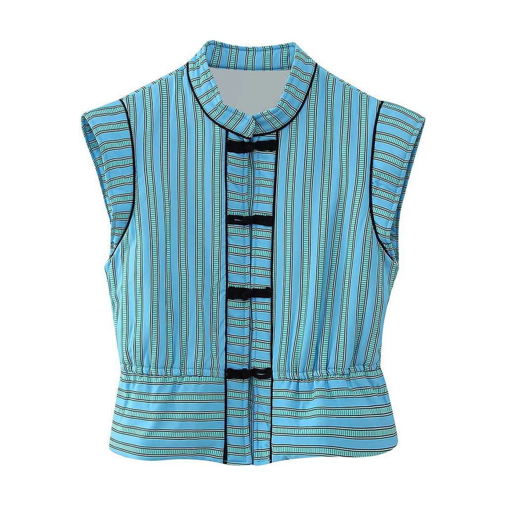 Single row buckle trimmed striped cotton vest for women
