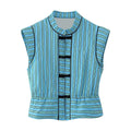 Single row buckle trimmed striped cotton vest for women