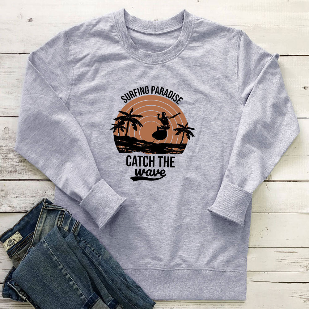 Surfing Paradise letter printed round neck hoodie