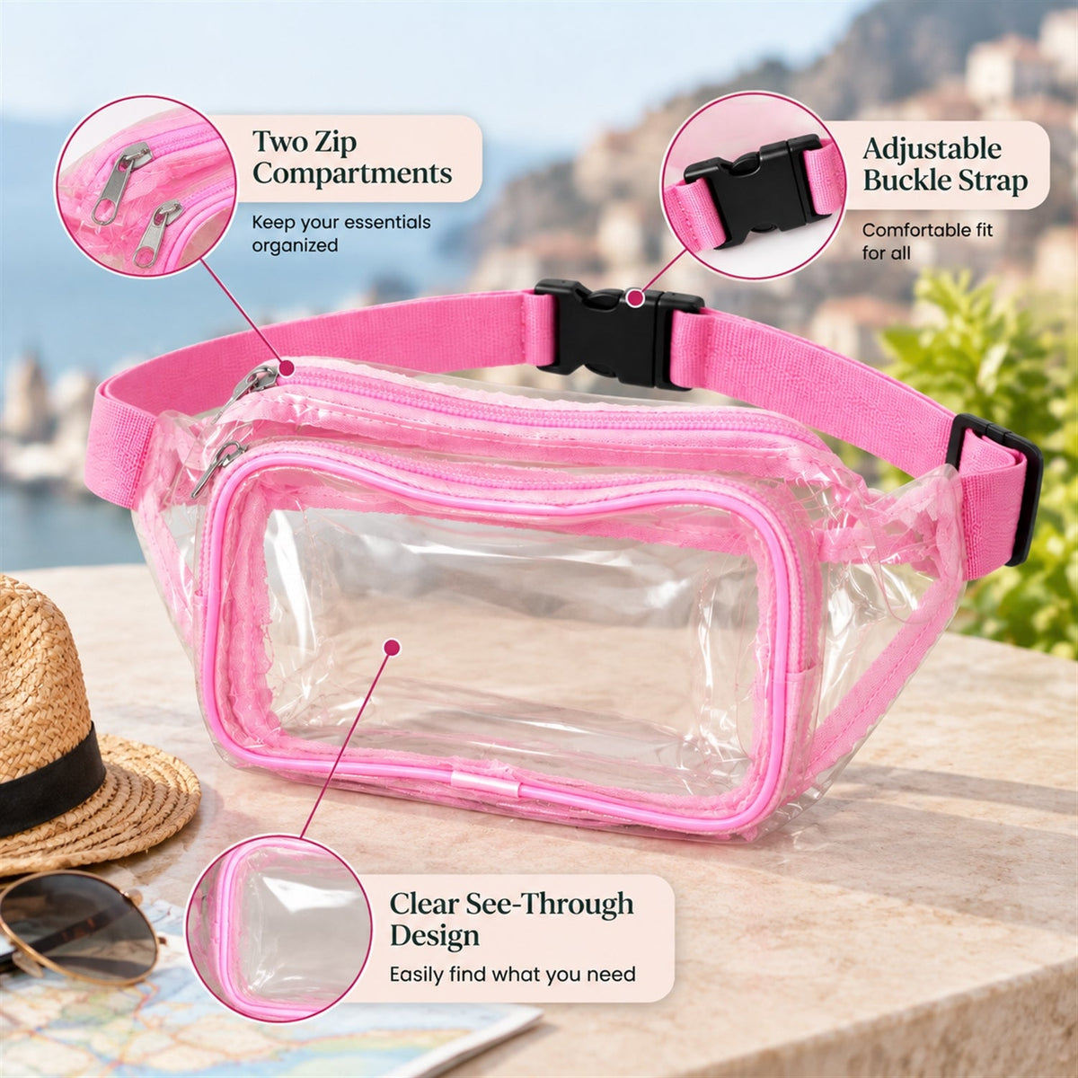 Transparent Pvc Waist Bag With Two Zip Pockets And Adjustable Strap (26x16 Cm)