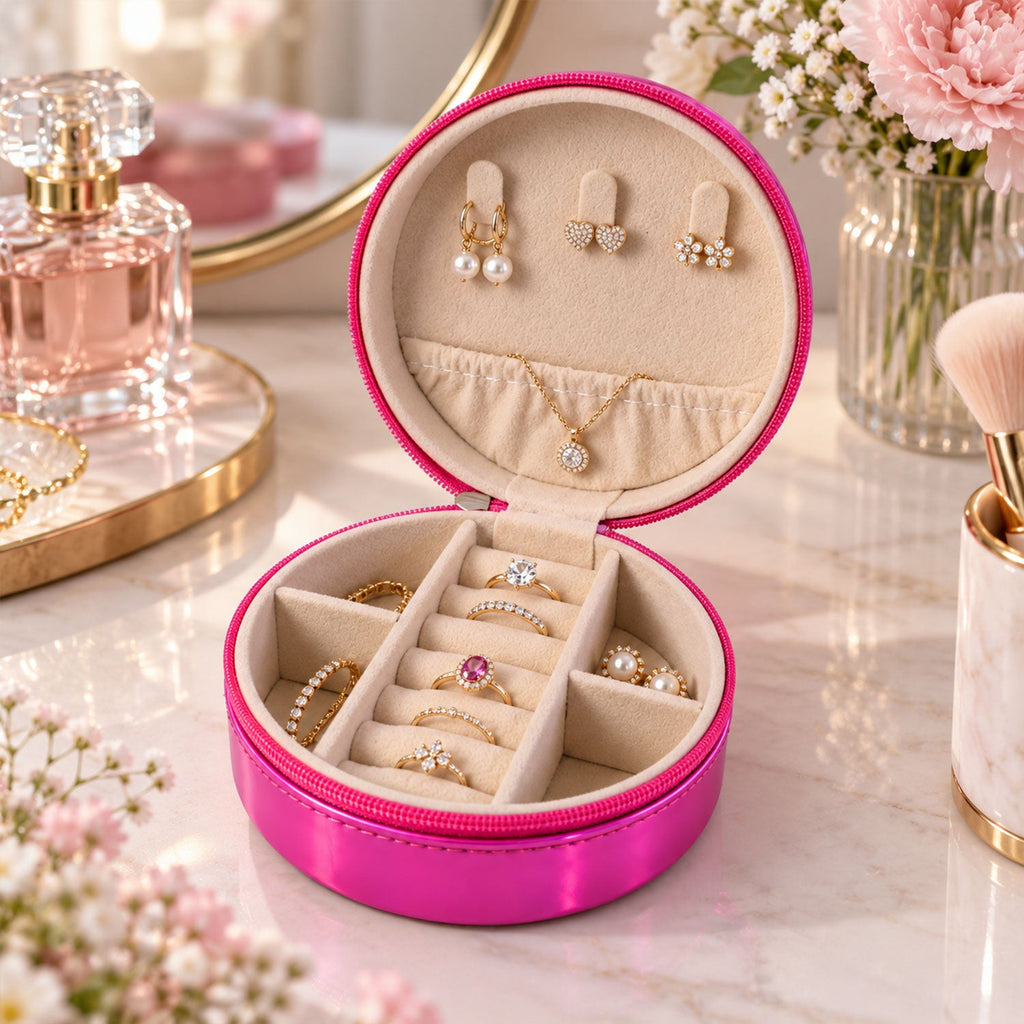 Round Jewellery Organizer Box With Ring Rolls And Zip Closure For Travel (1 Pc)