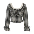 Lace up lace U-neck plaid T-shirt for women