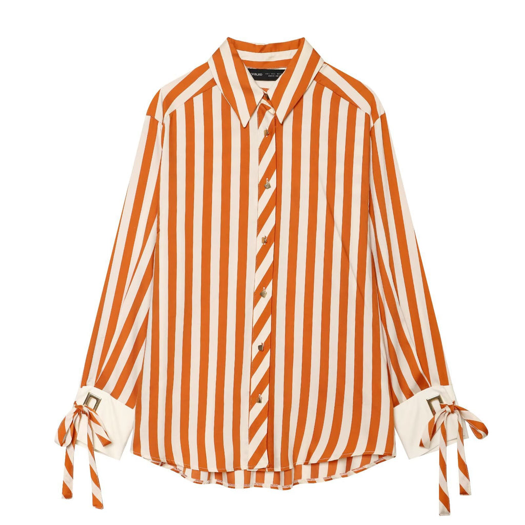 Collar cuff bow striped shirt for women