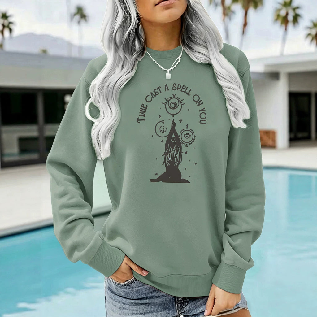 Mysterious witchcraft printed long sleeved round neck shirt