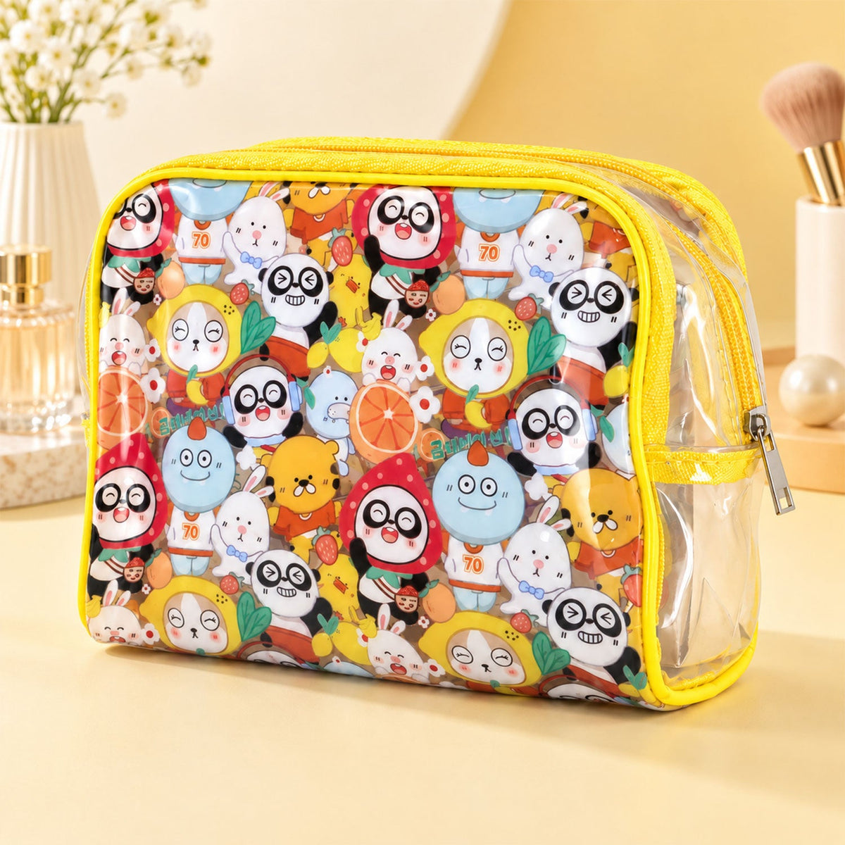 Multipurpose Pvc Cosmetic Pouch With Cartoon Print And Zip Sections For Travel