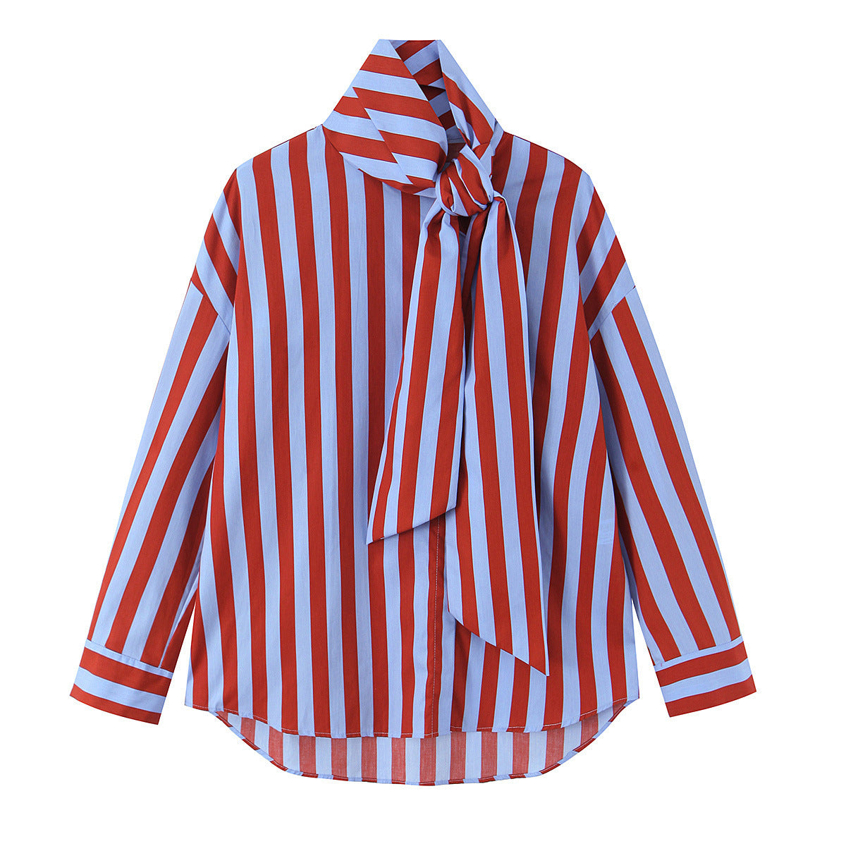 Versatile loose single breasted bow tie striped shirt for women