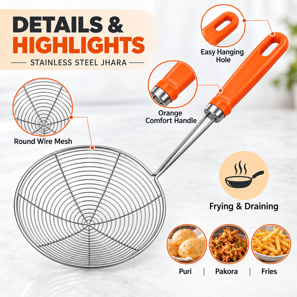 Stainless Steel Frying Strainer Spoon For Puri And Snack Draining (1 Pc 34 Cm)